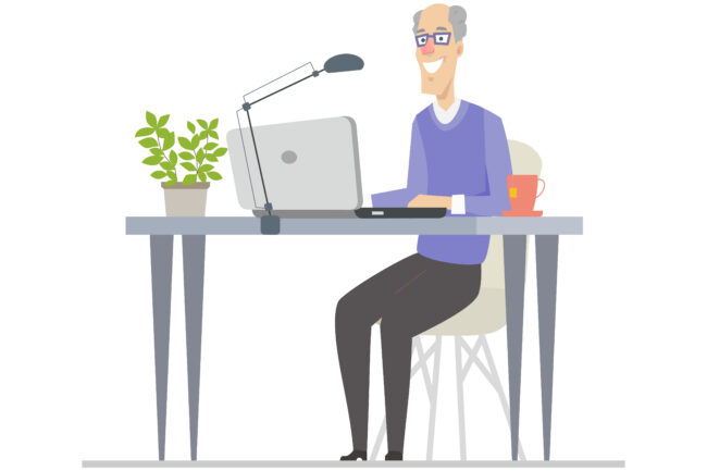 Senior man at the computer - flat design style illustration with cartoon character. Cheerful grandfather, retired person sitting at the desk with a laptop. Elderly people care, leisure concept
